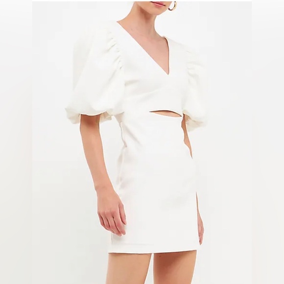 Endless Rose Puff Sleeve white Cut Out v-neck Mini Dress size large new - Picture 3 of 12